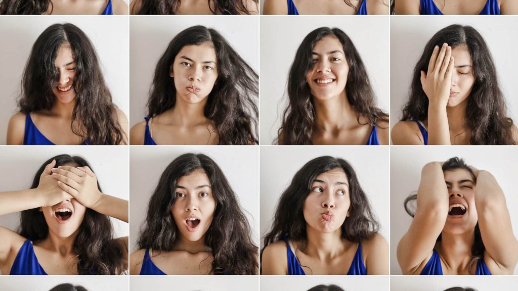 Collage of headshots of woman with brown hair and blue shirt in different moods affected by the moon - laughing, frustrated, crying, surprised