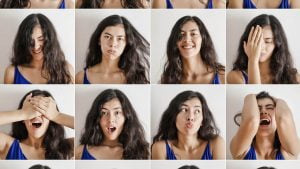 Collage of headshots of woman with brown hair and blue shirt in different moods affected by the moon - laughing, frustrated, crying, surprised