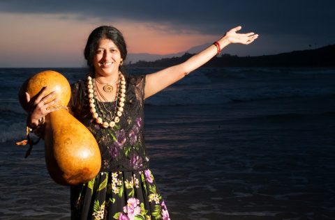 Keya with an Ipuheke, a Hawaiian drum